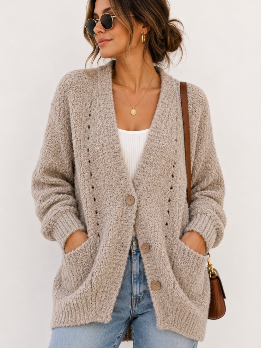 Free People Taupe Button Front Chunky Knit Cardigan